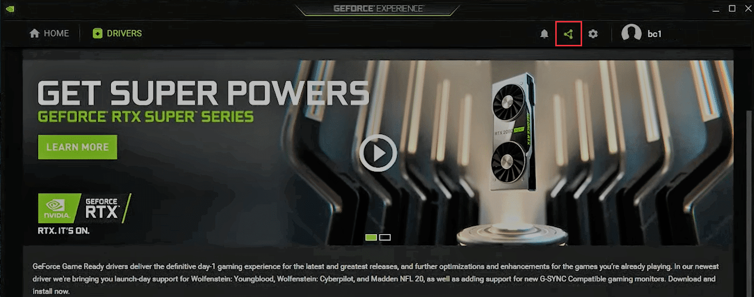 fai clic sull'icona di condivisione in GeForce Experience per avviare l'overlay shadowplay