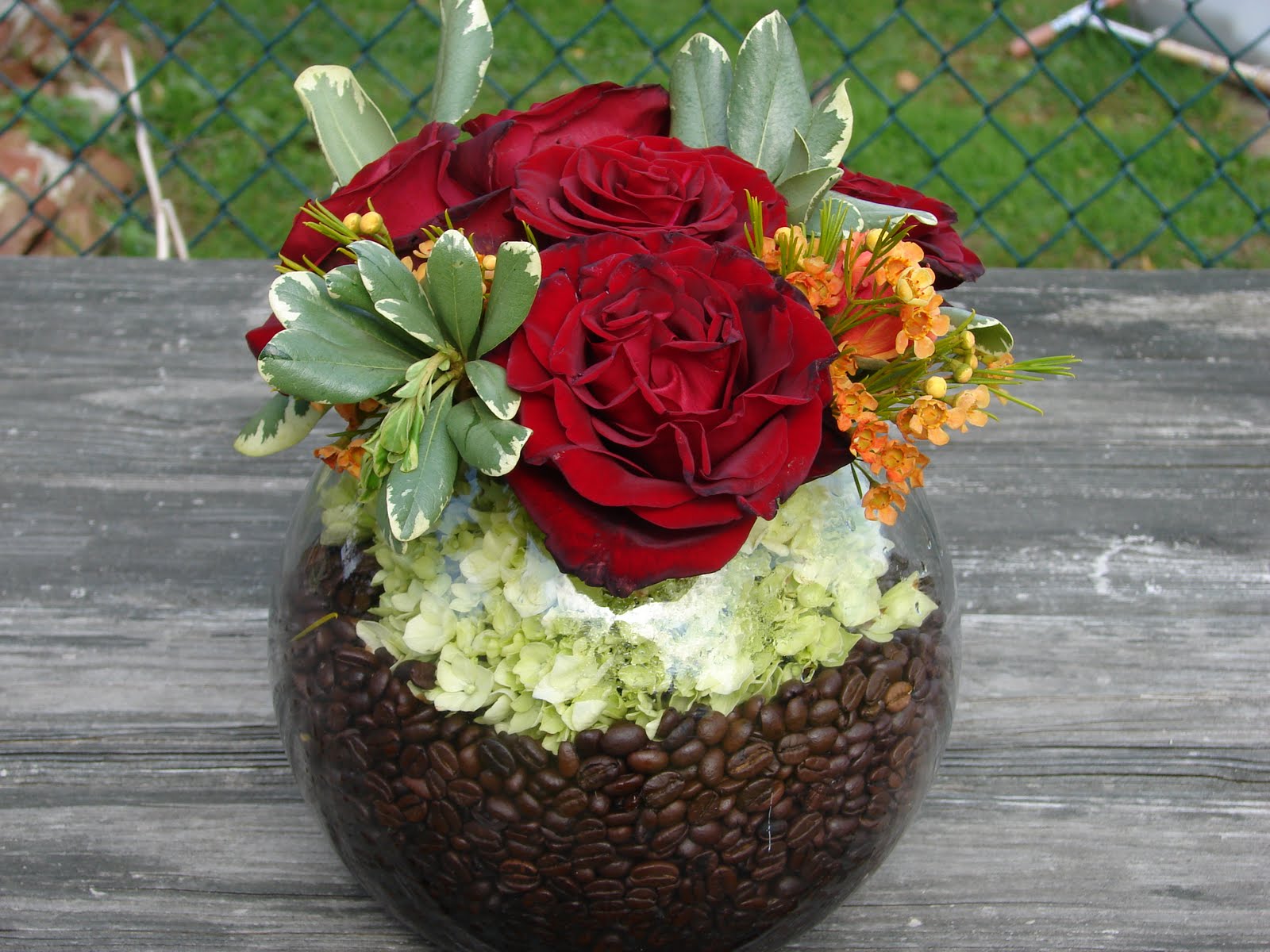 Black Magic roses and green hydrangea in coffee beans for the coctail hour