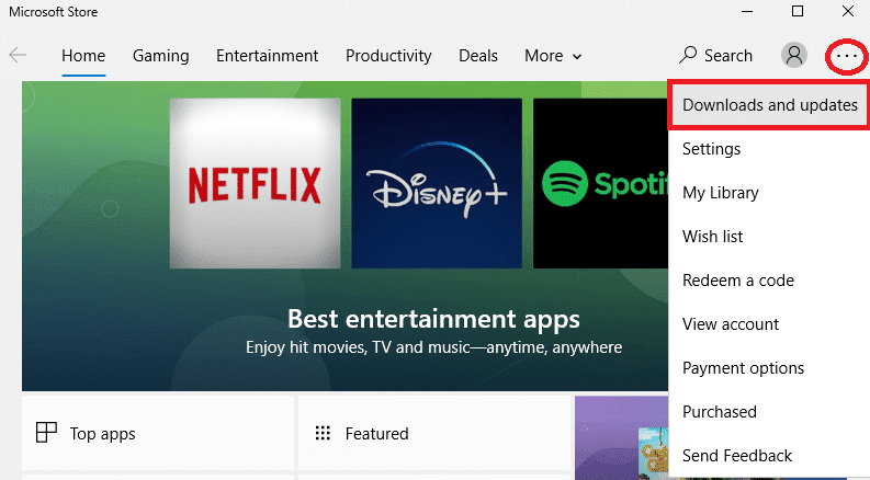 Ahora, haga clic en el icono de tres puntos en la esquina superior derecha de la ventana y seleccione la opción Descargas y actualizaciones.  Arreglar el código de error 0x80070490 en Windows 10