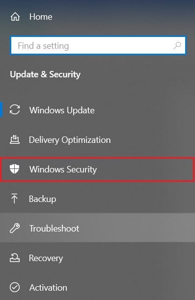 Перейдите в раздел «Безопасность Windows» на панели слева.