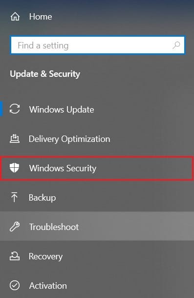 ไปที่ windows Security' ในแผงทางด้านซ้าย