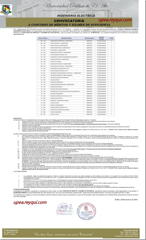 Ingeniería Eléctrica UPEA 2019: Convocatoria para ser “Docentes Interinos” mediante Concurso de Méritos y Examen de Suficiencia