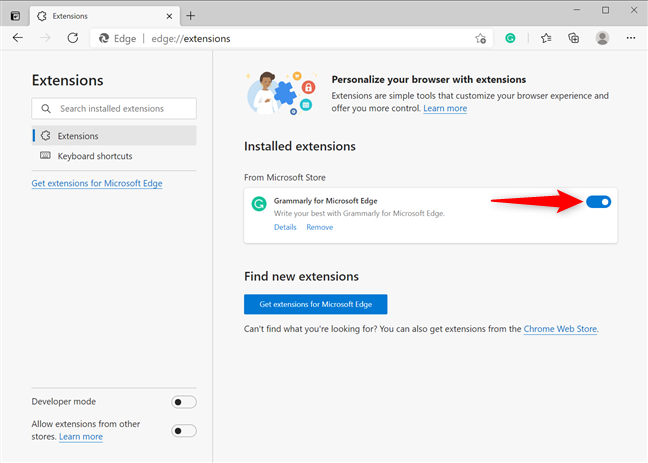 Use el interruptor para deshabilitar o habilitar los complementos instalados para Microsoft Edge