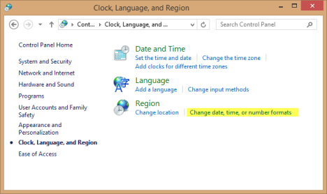 Dates, heures et paramètres de devise, Windows 8