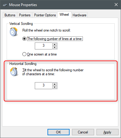 Ajuste de la configuración del mouse de desplazamiento horizontal