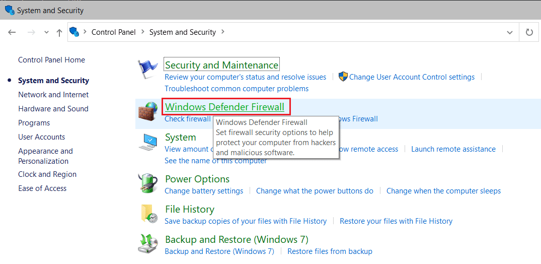 chọn Tường lửa của Bộ bảo vệ Windows trong Bảng Điều khiển Hệ thống và Bảo mật.  Sửa lỗi Spotify không mở trên Windows 10