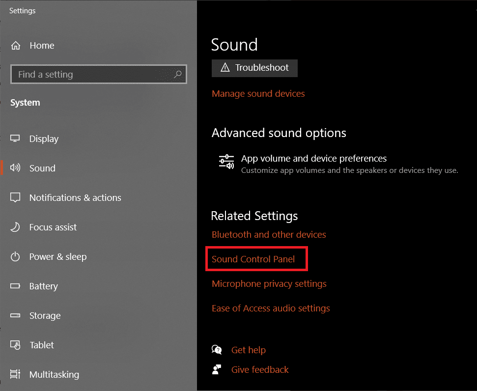 En el panel derecho, haga clic en Panel de control de sonido en Configuración relacionada