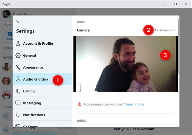 Controllo del feed video live della webcam per Skype