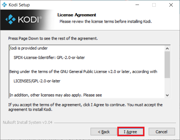Nhấp vào tùy chọn Tôi Đồng ý để chấp nhận Thỏa thuận Cấp phép.  Cách tối ưu hóa Kodi