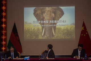 Xiusheng Wang (middle) watching wildlife campaign video