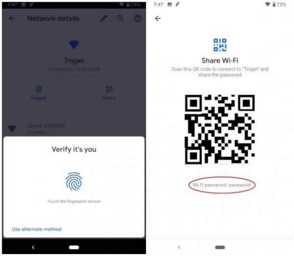 Seleccione la opción Compartir, que tiene un pequeño logotipo de código QR |  Cómo encontrar la contraseña de Wi-Fi en Android