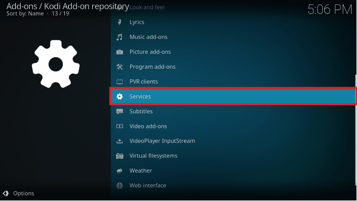 Haga clic en Servicios.  Cómo actualizar la biblioteca de Kodi