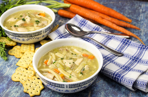 Bowls of Happy Tummy Chicken & Noodles.