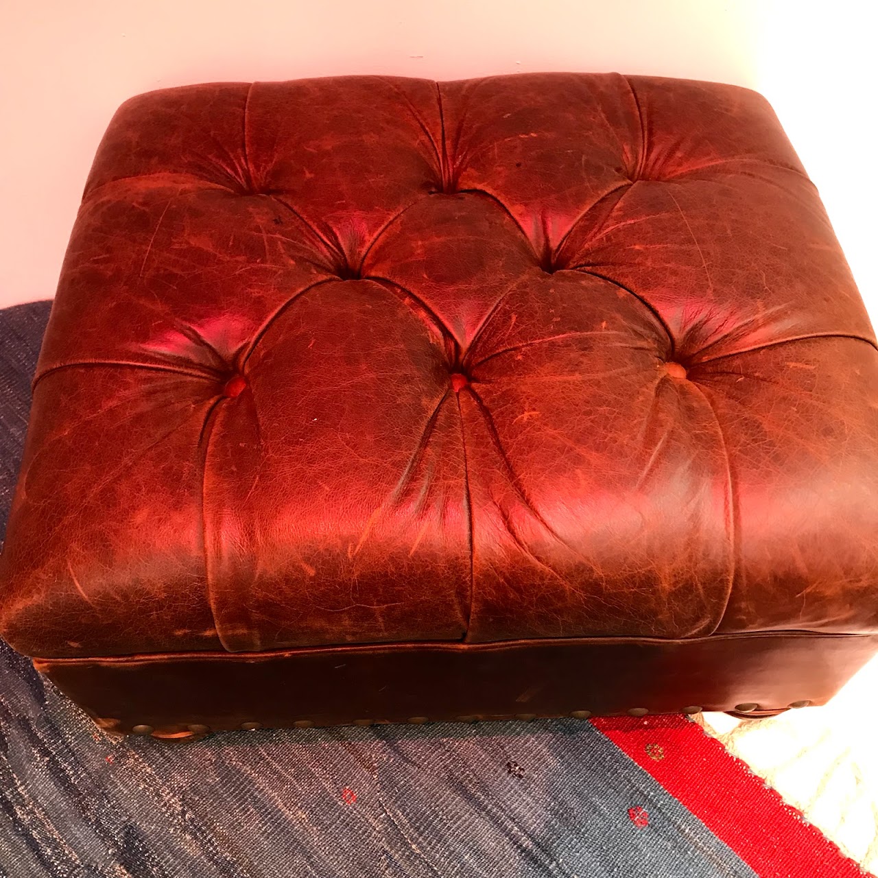 Distressed Leather Ottoman #1