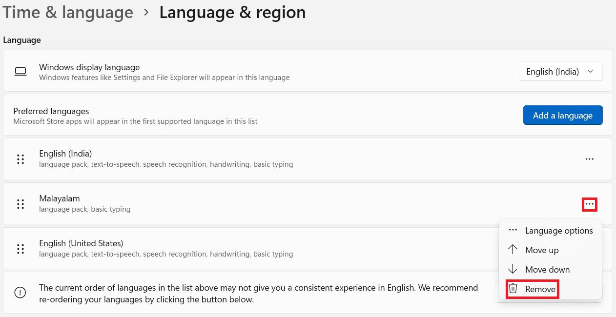 Section Langue et région dans l'application Paramètres