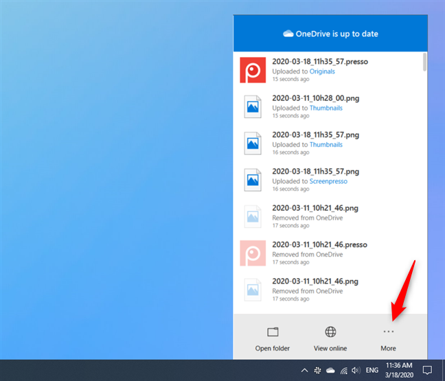 Il pulsante Altro dal riquadro a comparsa di OneDrive