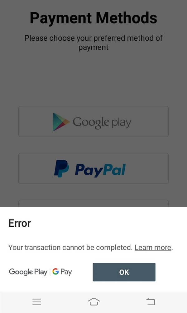 Arreglar la transacción no se puede completar en Google Play Store