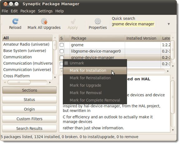 Пометка gnome-device-manager для установки