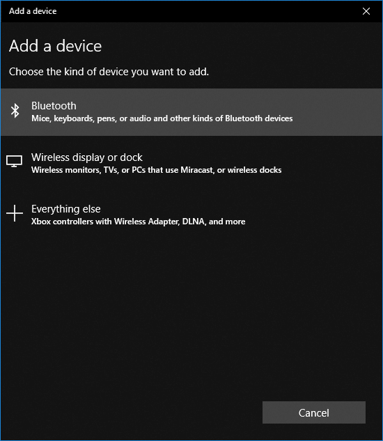 En la ventana Agregar un dispositivo, haga clic en Bluetooth