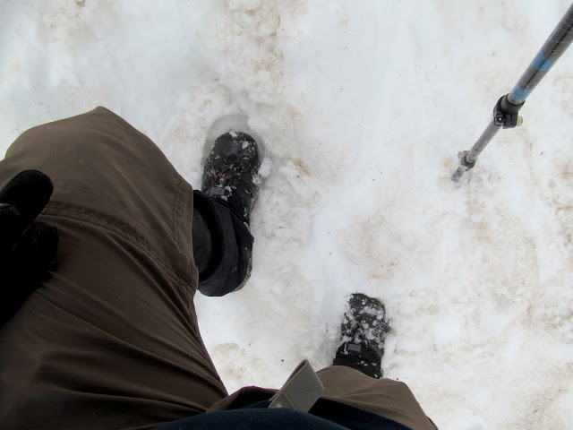 Unusual gear for me in July: gaiters, gloves, and a trekking pole