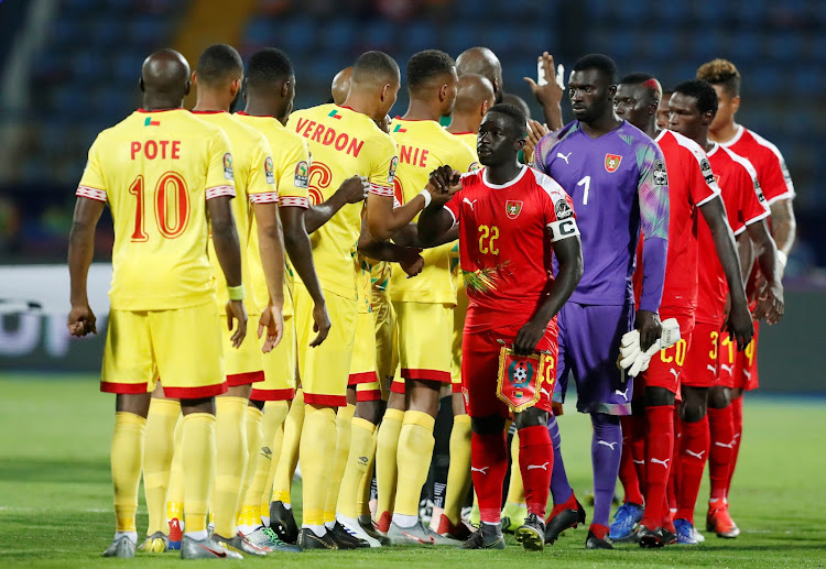 Guinea-Bissau players shake hands with their Benin counterpart during the Afcon Group F match at Ismailia Stadium in Ismailia, Egypt, on June 29 2019.