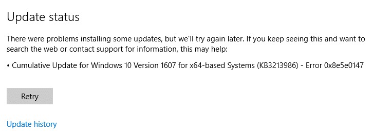 Napraw błąd aktualizacji systemu Windows 10 0x8e5e0147