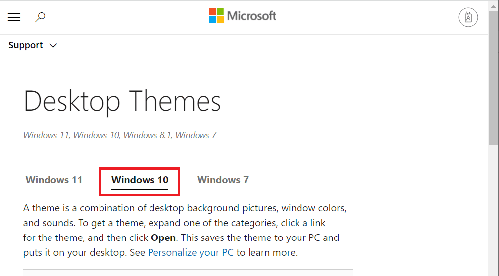 Klepněte na kartu Windows 10.  Jak stáhnout motivy pro Windows 10