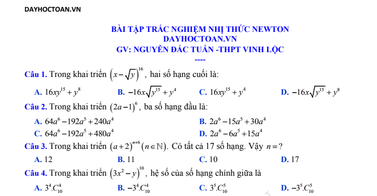 TRẮC NGHIỆM NHỊ THỨC NEWTON 11 DAYHOCTOAN.VN