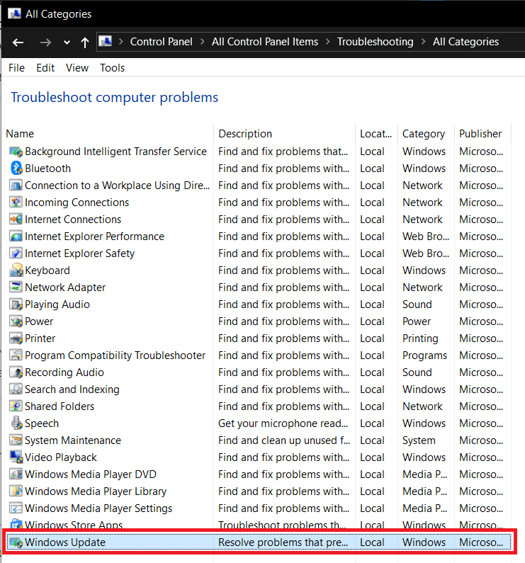 单击它以启动 Windows 更新疑难解答