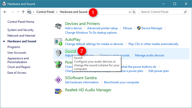 Haga clic en Sonido en la sección Hardware y sonido del Panel de control