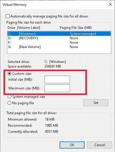 Haga clic en el botón de opción Tamaño personalizado y escriba el MB de tamaño inicial y el MB de tamaño máximo.  Arreglar la búsqueda del menú Inicio de Windows 10 que no funciona