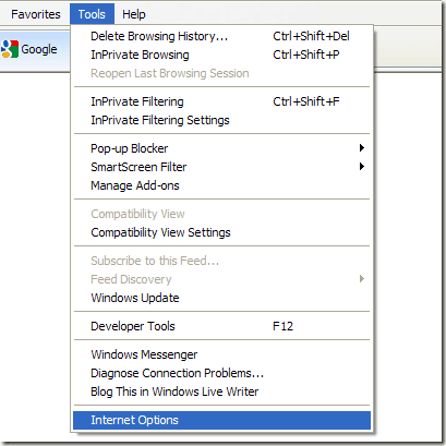 Herramientas Opciones de Internet en IE8