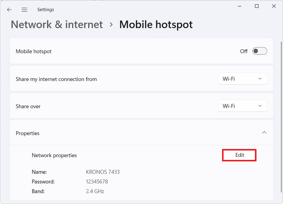 Riquadro Proprietà nella sezione Mobile Hotspot