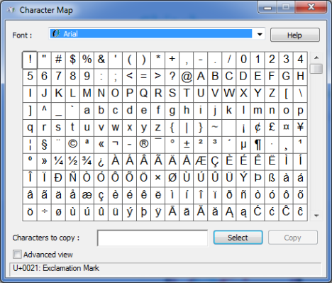 ผังอักขระใน Windows 7 และ Windows 8