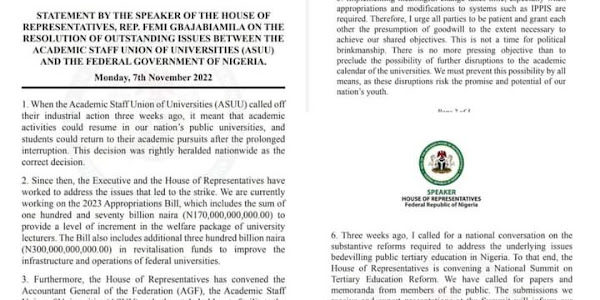 Speaker Gbajabiamila's Statement On ASUU's Half Salary  