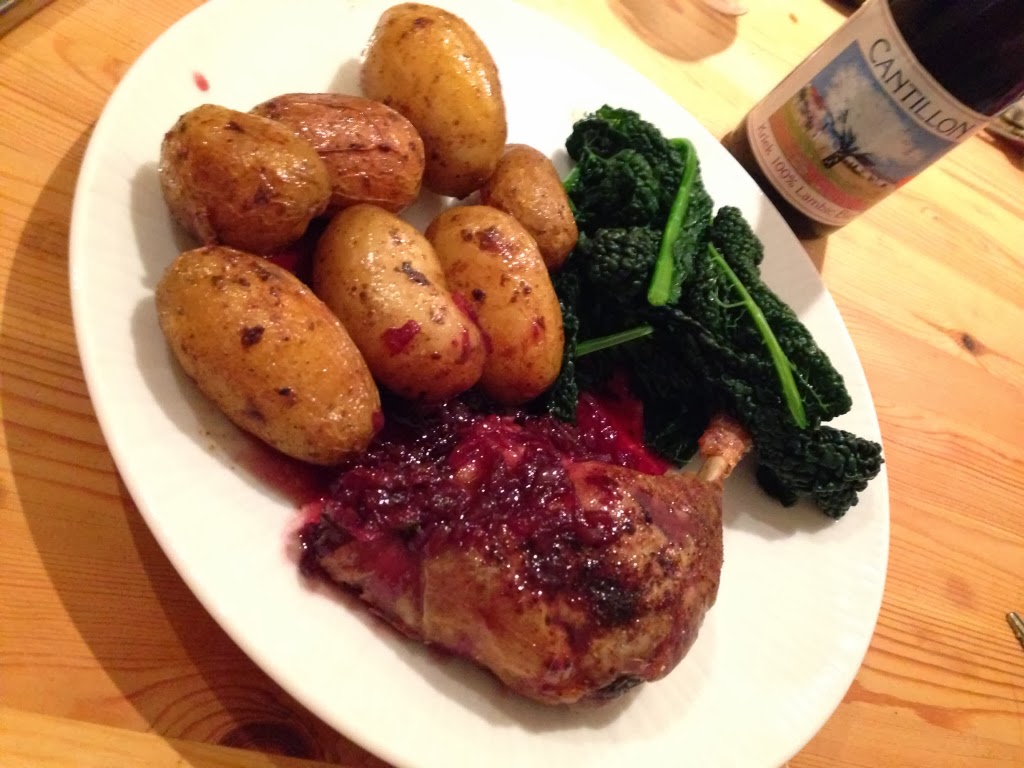 Roasted Duck Legs And New Potatoes With Redcurrant Wine Sauce