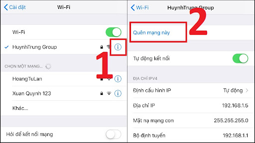 Chọn Quên  WiFi và kết nối lại