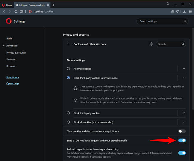 สวิตช์แสดงว่าคุณเปิดใช้งาน Do Not Track ใน Opera สำเร็จแล้ว