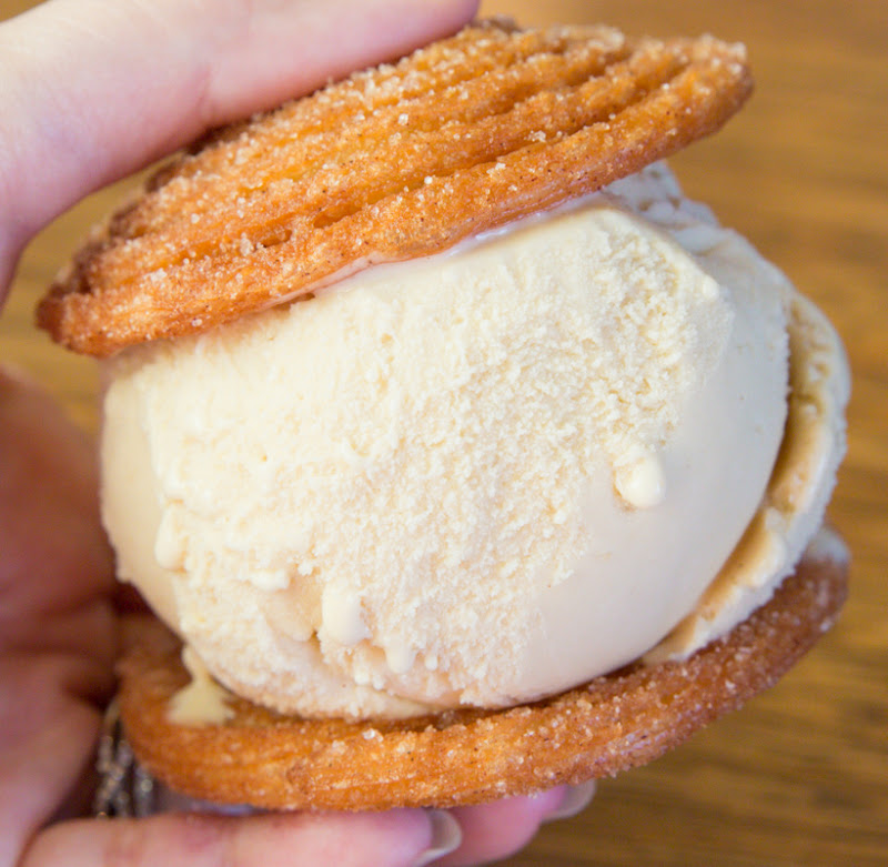 close-up phot of a Spanish Latte ice cream sandwich