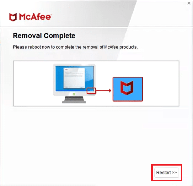 다시 시작 버튼.  Windows 10에서 McAfee LiveSafe를 제거하는 방법