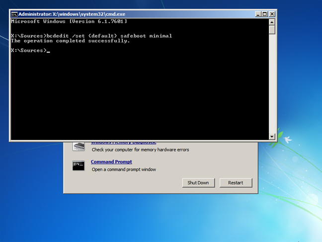 Activeer de veilige modus van Windows 7 vanaf de opdrachtprompt