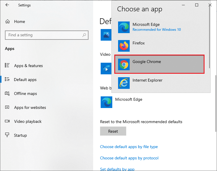 Sau đó, nhấp vào tên trình duyệt của bạn, tiếp theo là Google Chrome trong menu bật lên Chọn ứng dụng.  Cách thay đổi Chrome làm trình duyệt mặc định