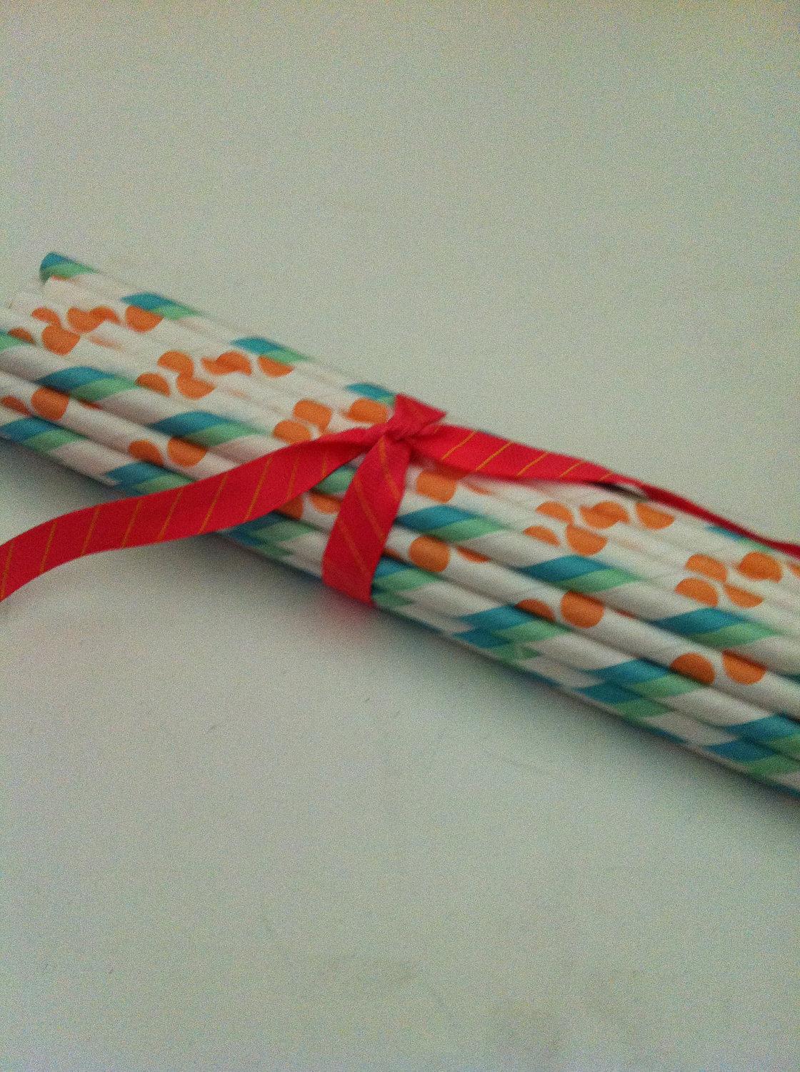 50 Aqua Blue and Green Stripped and Orange Dot Paper Straws