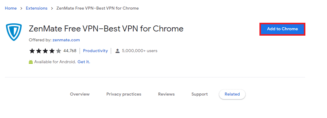 Navigeer naar de ZenMate Free VPN-downloadpagina en klik op de knop Toevoegen aan Chrome.  hoe toegang te krijgen tot geblokkeerde sites in Chrome