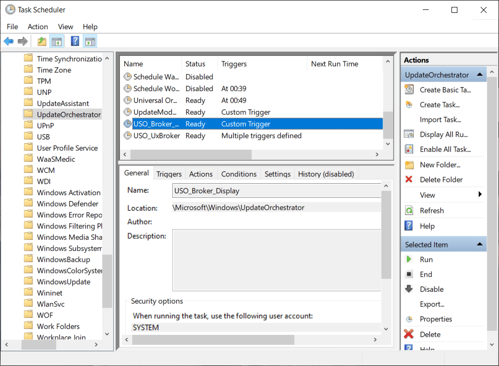 กระบวนการ USO Core Worker ภายใต้ UpdateOrchestrator ใน Task Scheduler