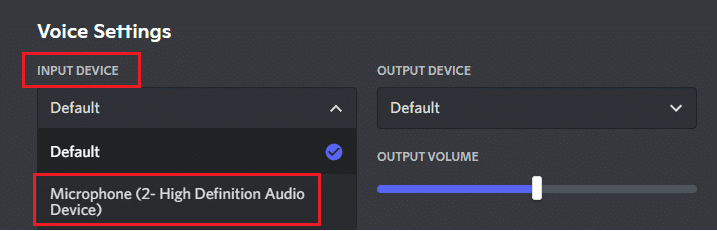 Ahora, configure su micrófono o auriculares como configuración predeterminada en DISPOSITIVO DE ENTRADA