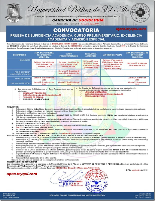 Sociología UPEA 2019: Convocatoria a la Prueba de Suficiencia Académica y Curso Preuniversitario