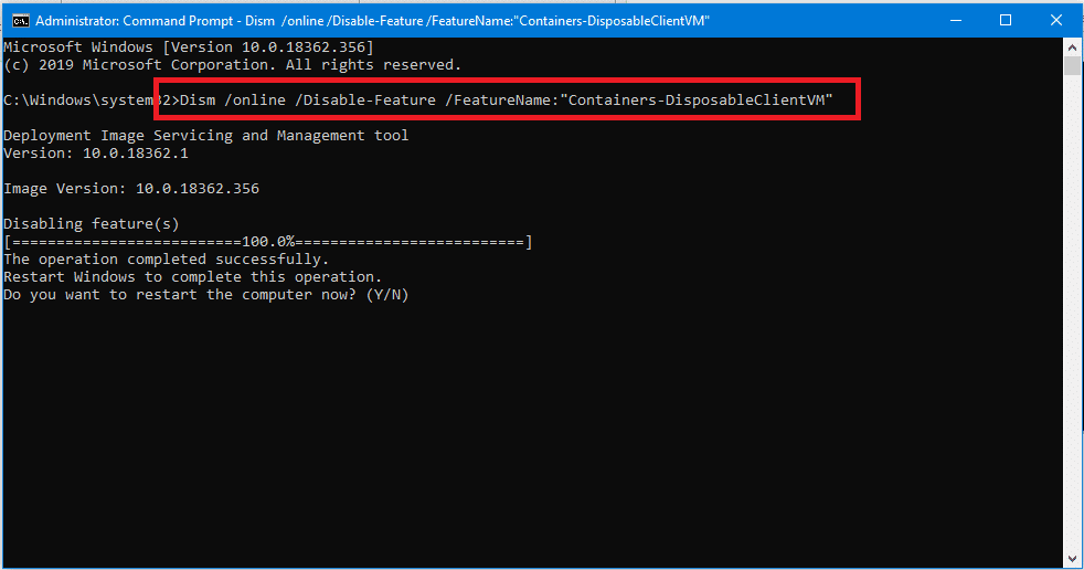 Dism en línea Disable-Feature FeatureNameContainers-DisposableClientVM