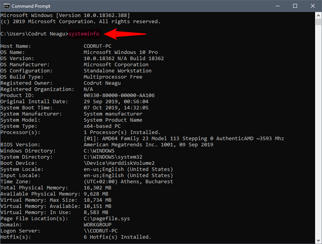 Usando el comando systeminfo para obtener información del sistema