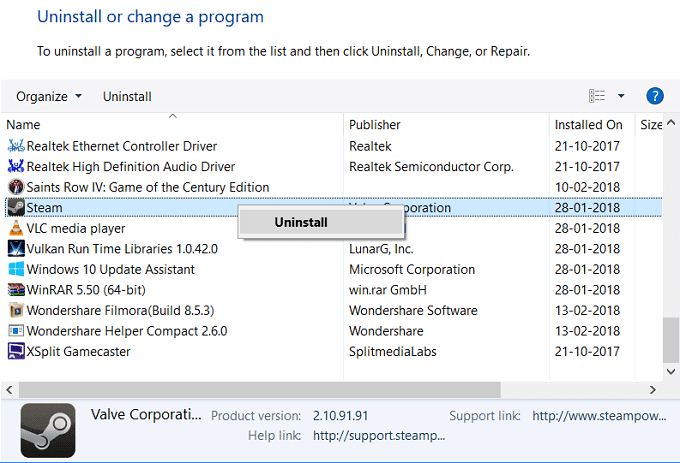 在列表中找到 Steam 然后右键单击并选择卸载